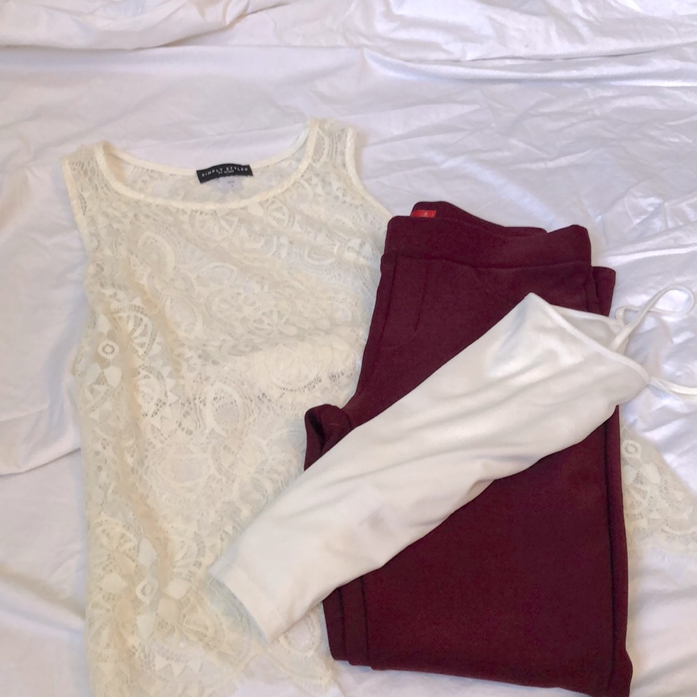 White lace tank top w/ sheer tank top, maroon slacks